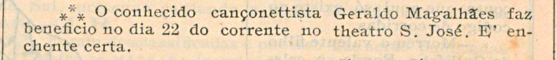Anúncio de apresentação de Geraldo Magalhães no Teatro São José publicado na Revista O Malho