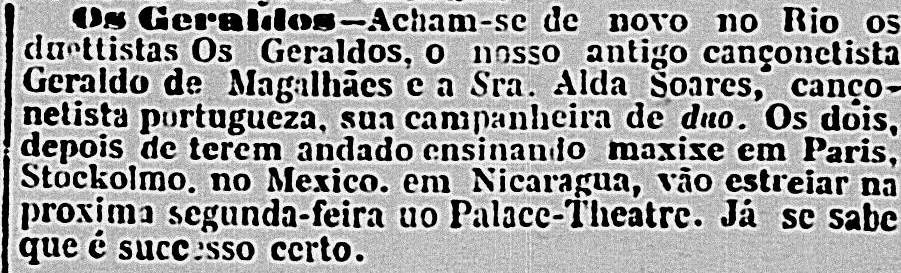 Coluna "Palcos e Salões" anuncia a chegada do duo Os Geraldos - formado na época por Geraldo Magalhães e Alda Soares - após excursão ao México, Nicarágua, Paris e Estocolmo