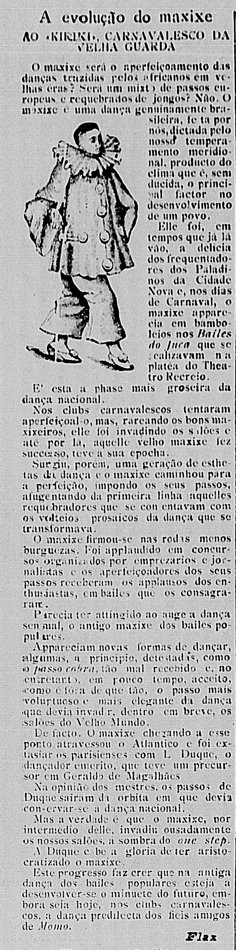 Notícia sobre a "Evolução do Maxixe" salientando o papel de Duque e Geraldo Magalhães na internacionalização do gênero musical carioca