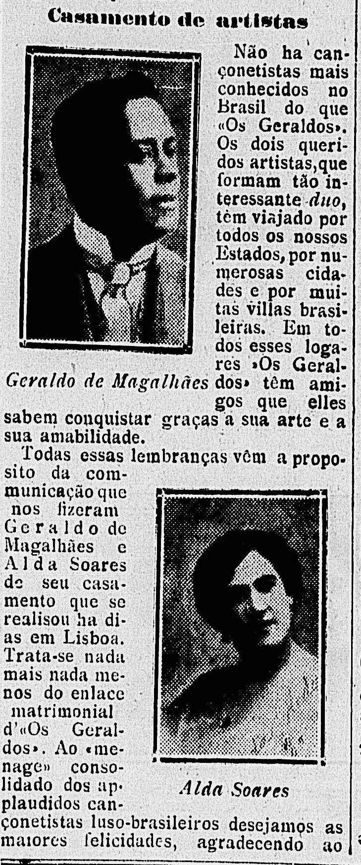 Notícia sobre o casamento de Geraldo Magalhães e Alda Soares em Lisboa