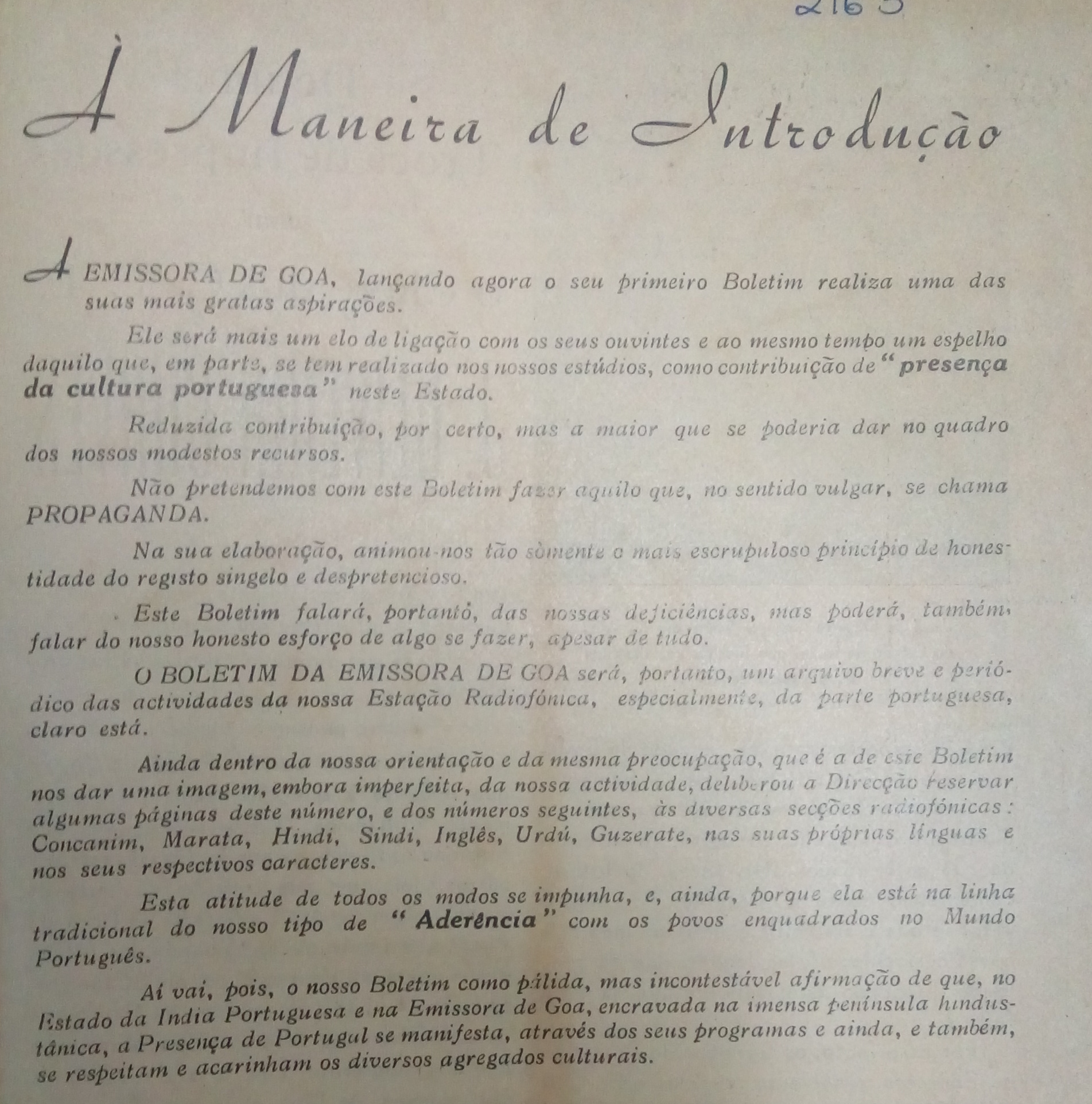 Texto introdutório do primeiro número do Boletim da Emissora de Goa, focado no "princípio de aderência" do modelo de colonização português