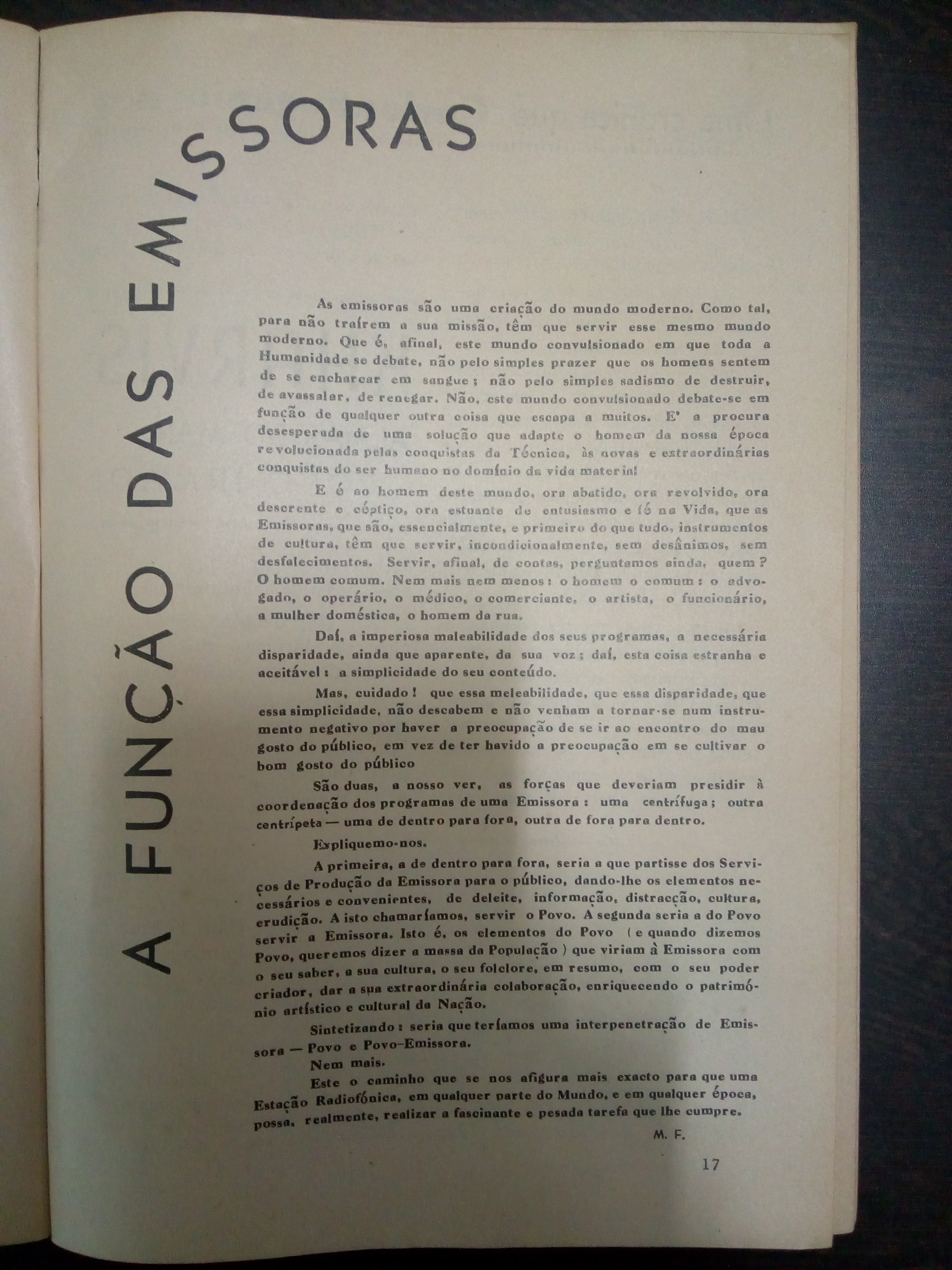 Texto sobre o papel "civilizatório" da rádio publicado no primeiro número do Boletim da Emissora de Goa