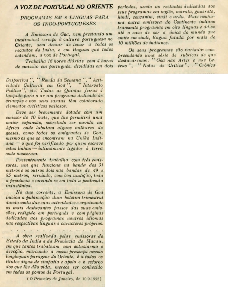 Reprodução da matéria do jornal português "O Primeiro de Janeiro" de 10 de setembro de 1952 saudando a criação do Boletim da Emissora de Goa. 