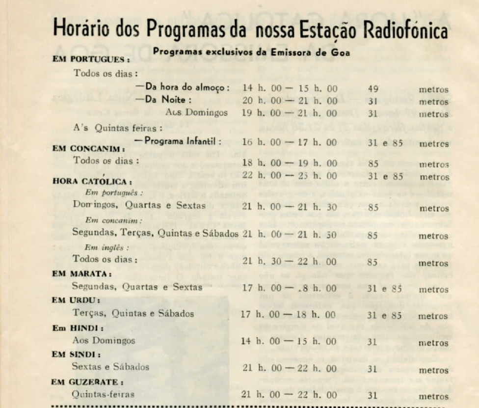 Programação da Emissora de Goa no ano de 1952