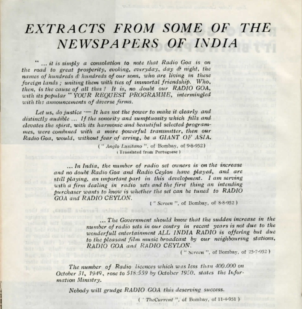Matéria sobre as repercussões da Emissora de Goa na imprensa indiana