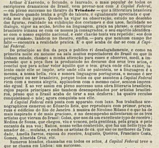 Crítica da revista "A Capital Federal" de Artur Azevedo, com música de Nicolino Milano, publicada na revista Brasil-Portugal em 16 de dezembro de 1902. 