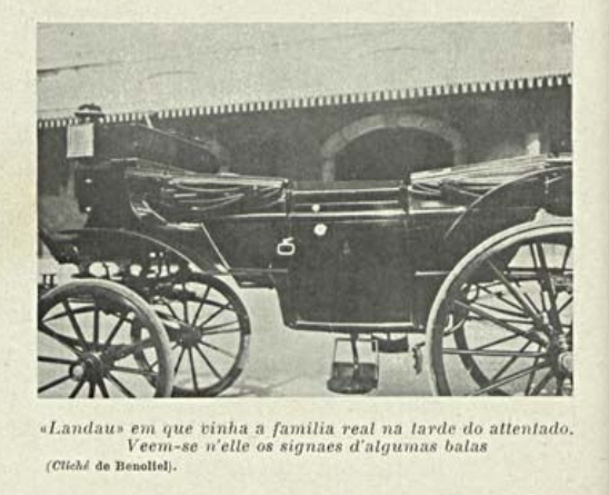 Foto do landau onde foram assassinados o rei D. Carlos e o príncipe Luiz Filipe publicada na revista Brasil Portugal em 16 de fevereiro de 1908