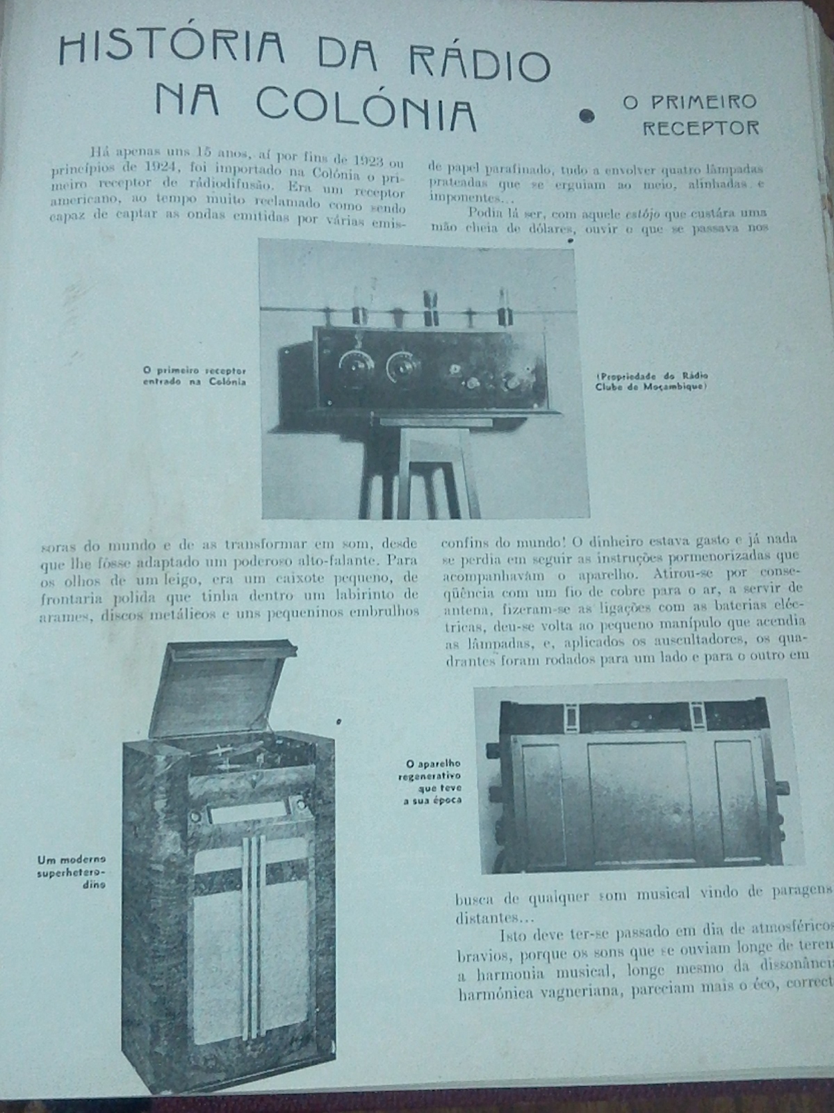 Noticia sobre o primero receptor radiofonico em Mocambique publicada na Revista Radio Mocambique n.44, ano IV de 31 de janeiro de 1939.