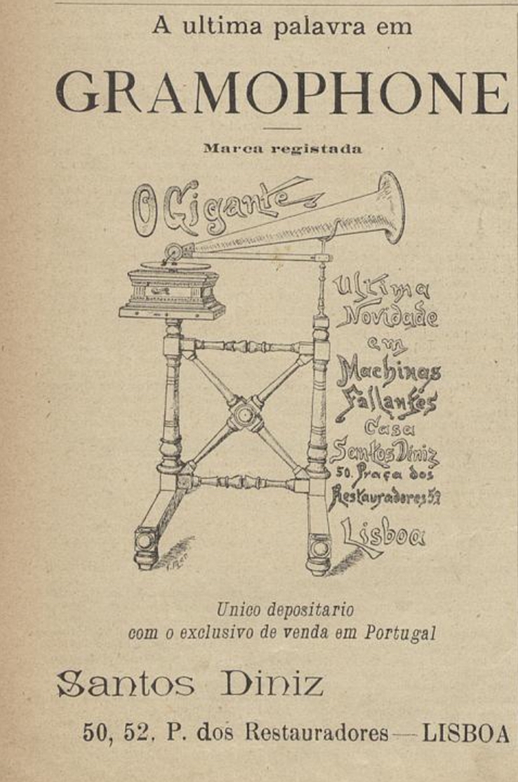 Anúncio da Casa Santos Diniz, pioneira na venda de gramofones em Portugal, situada à Praça dos Restauradores em Lisboa, publicada no periódico Occidente em 10 de janeiro de 1903.