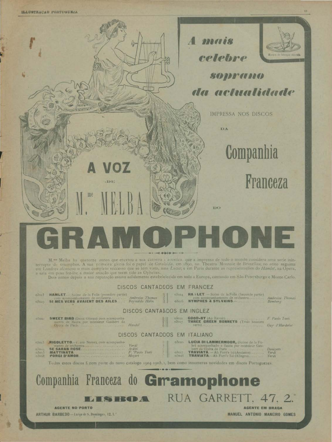 Anúncio da Companhia Francesa do Gramofone, subsidiária da Gramophone Co., publicada no jornal Ilustração Portuguesa em 5 de dezembro de 1904.