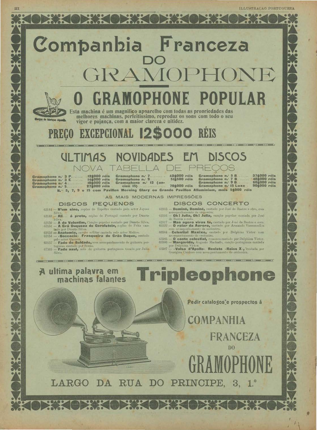 Anúncio da Companhia Francesa do Gramofone em que consta a gravação do maxixe "Celestial" pela cantora portuguesa Delphina Victor. 