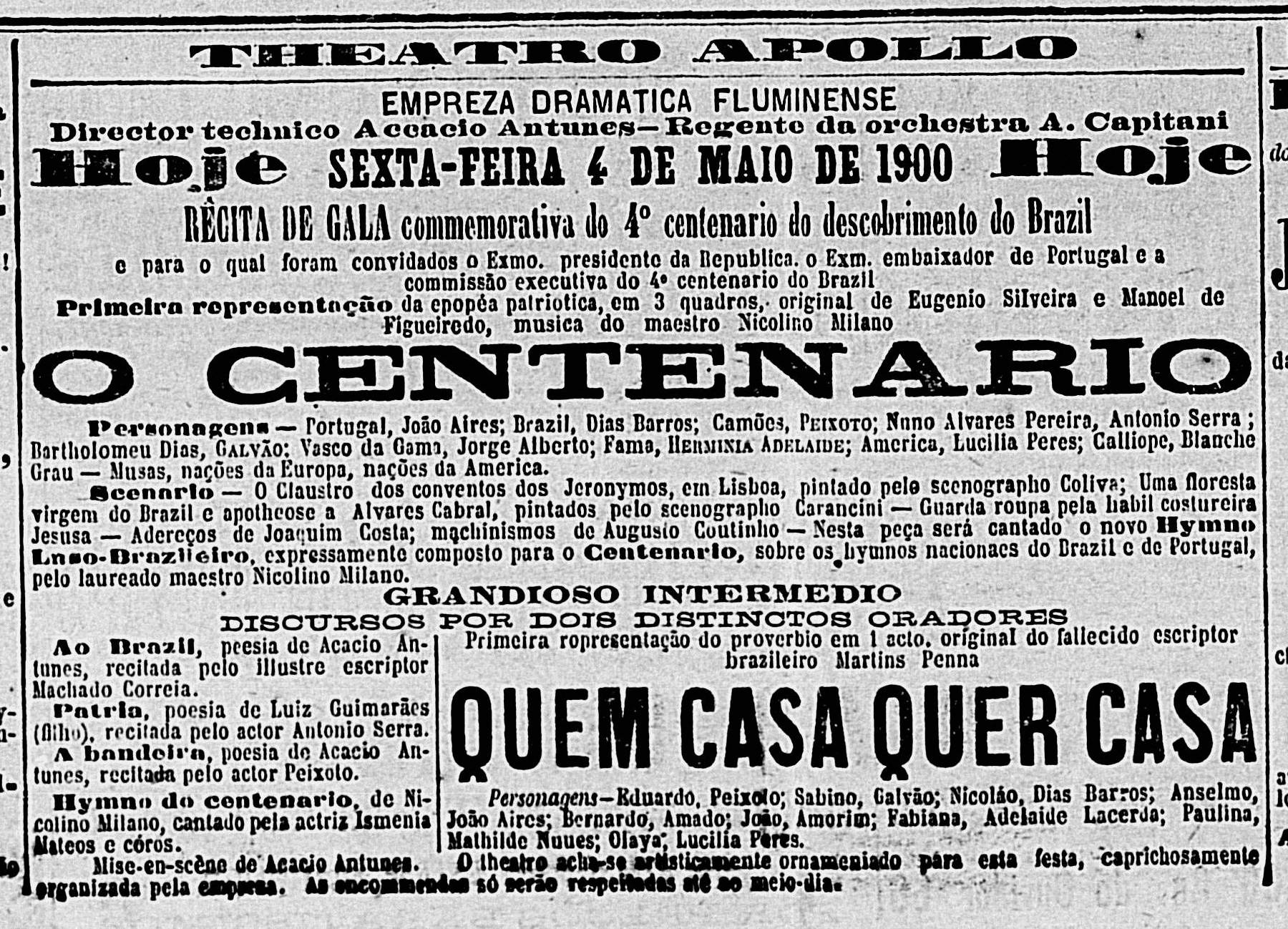 Notícia sobre a estreia do "Hino do Centenário" de Nicolino Milano por ocasião das comemorações do 4o centenário da independência do Brasil