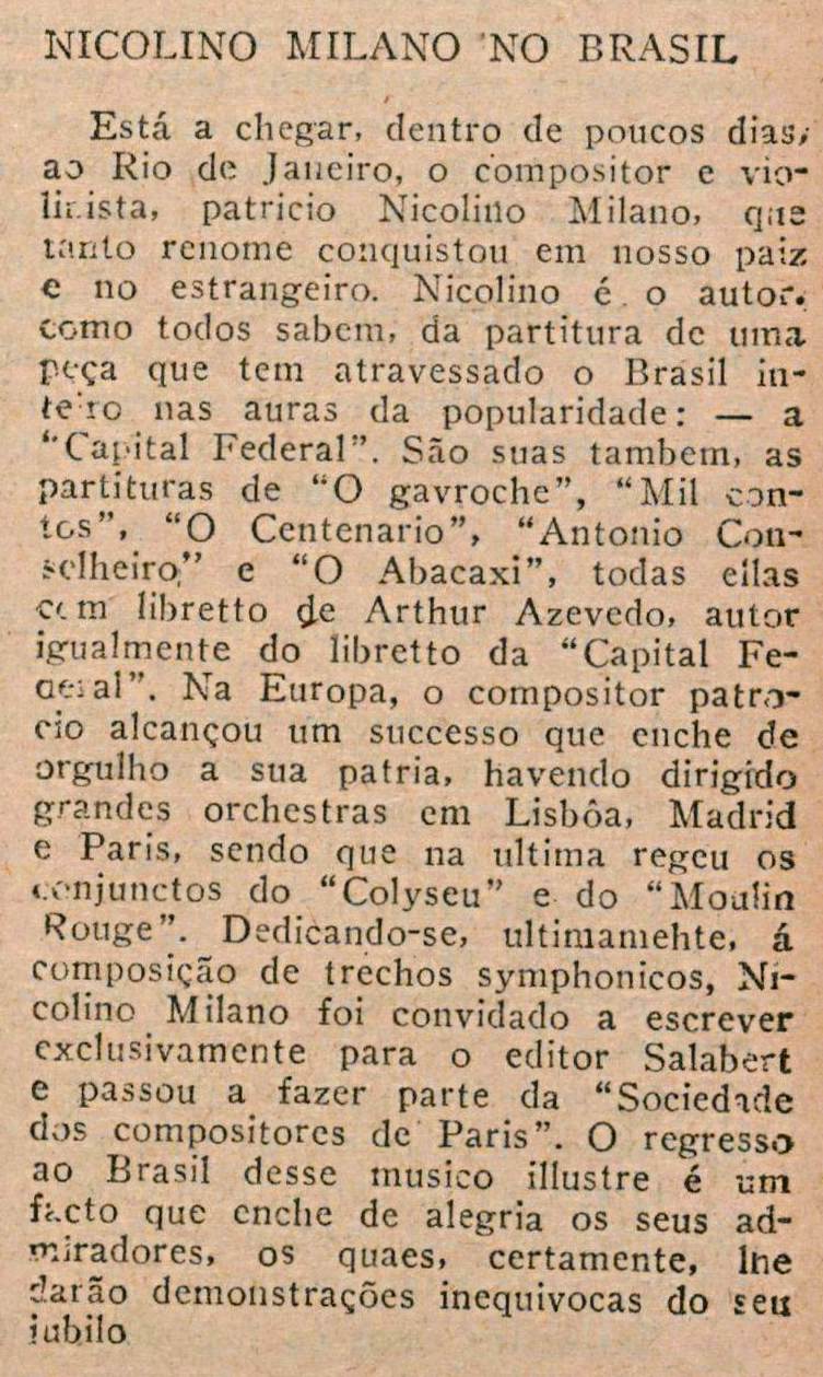 Notícia sobre o retorno de Nicolino Milano ao Brasil após sua estadia na Europa