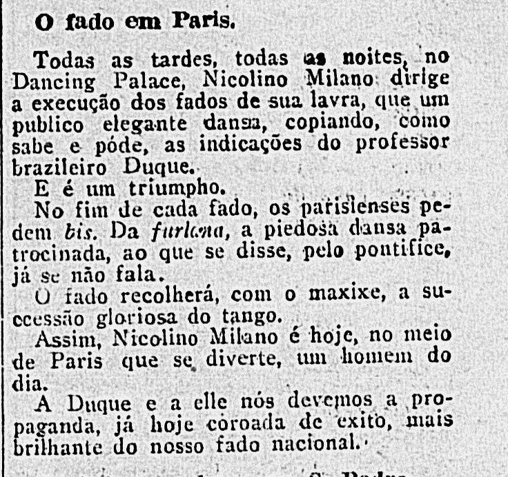 Notícia sobre o sucesso de Nicolino Milano em Paris como compositor de fados